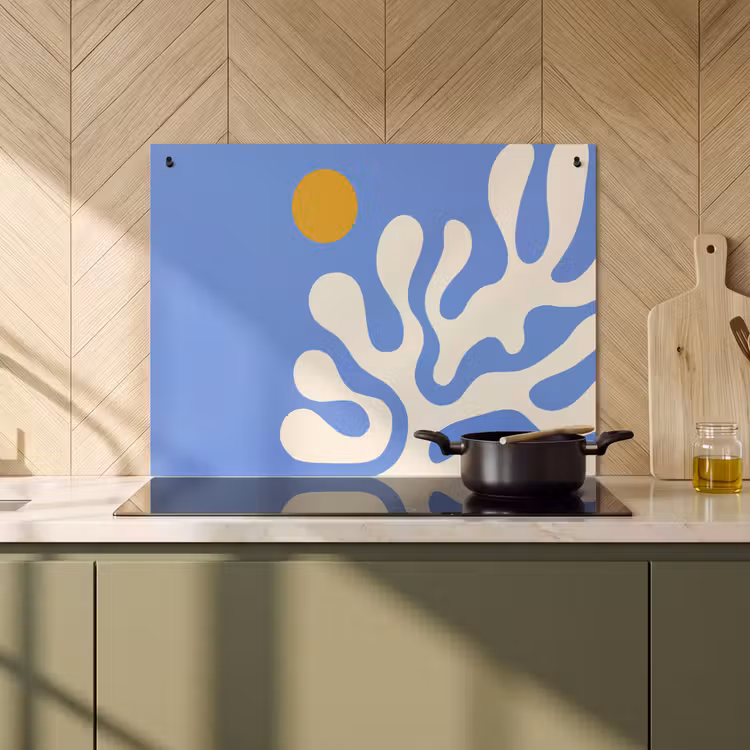 2-in-1 Herdabdeckplatte & Spritzschutz - Minimalistisch - Organisches Muster - Blau - Minimalistisch - Organisch patroon - Blauw Inductie beschemer met haakjes klein