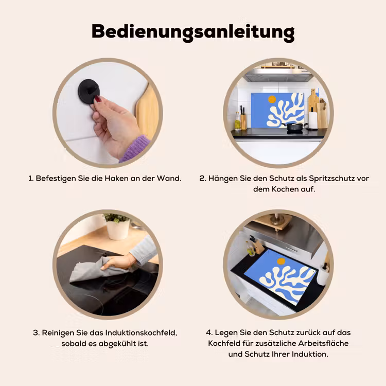 2-in-1 Herdabdeckplatte & Spritzschutz - Minimalistisch - Organisches Muster - Blau - Minimalistisch - Organisch patroon - Blauw Inductie beschemer met haakjes klein