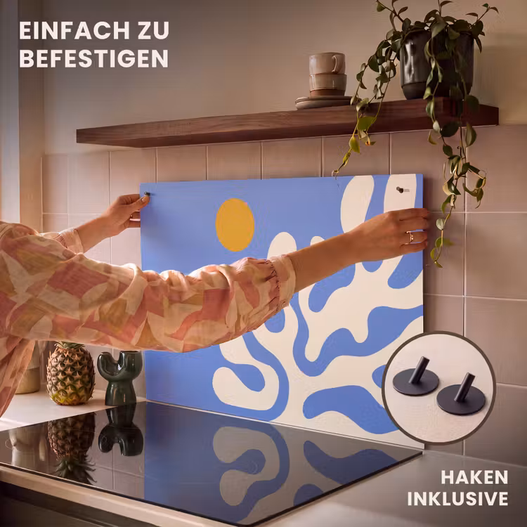 2-in-1 Herdabdeckplatte & Spritzschutz - Minimalistisch - Organisches Muster - Blau - Minimalistisch - Organisch patroon - Blauw Inductie beschemer met haakjes klein
