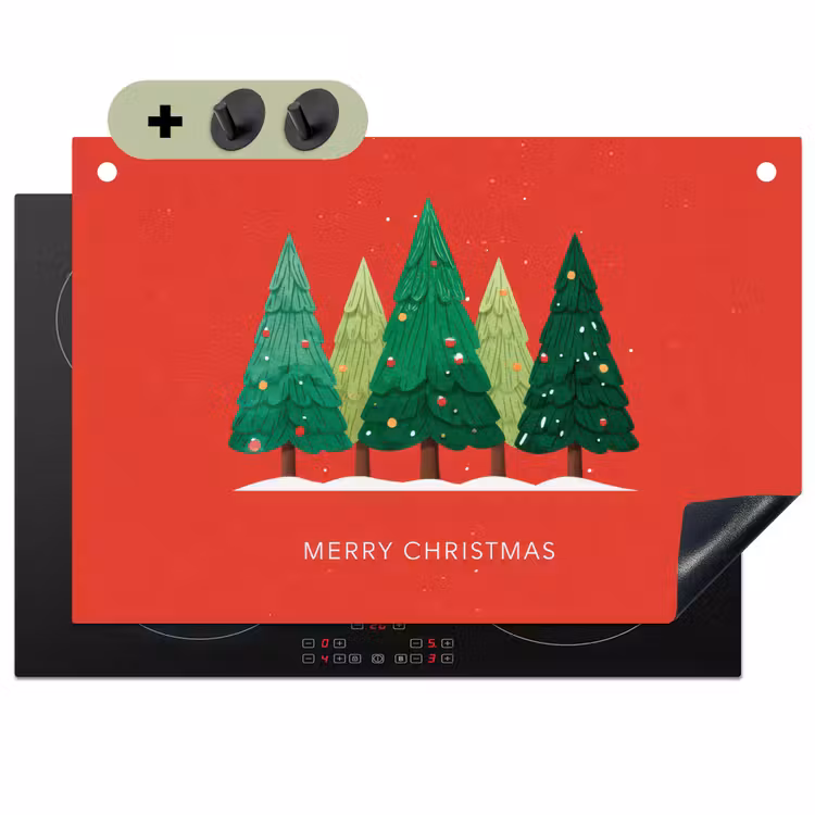 2-in-1 Herdabdeckplatte & Spritzschutz - Minimalistisch - Weihnachtsbäume - Rot - Schnee - Minimalistisch - Kerstbomen - Rood - Sneeuw Inductie beschemer met haakjes klein