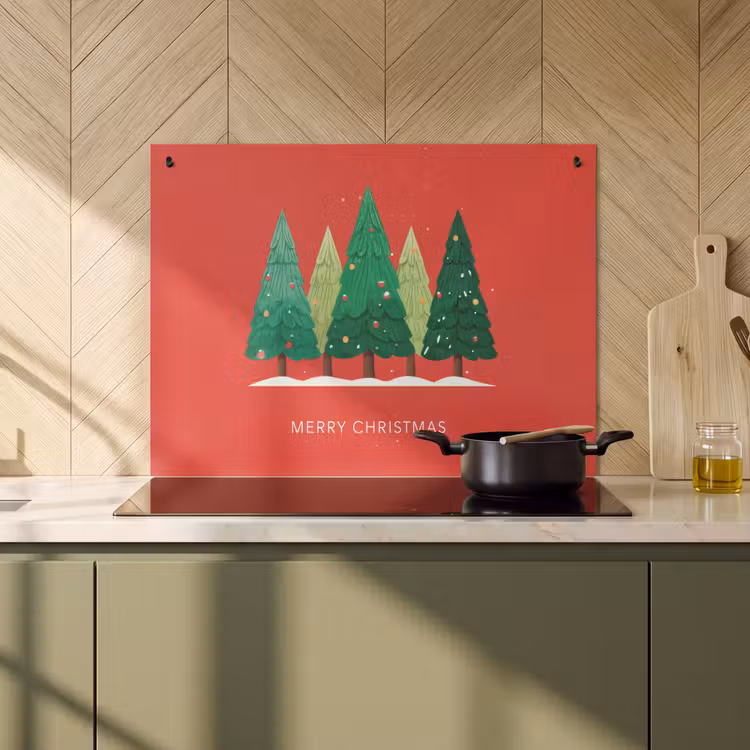 2-in-1 Herdabdeckplatte & Spritzschutz - Minimalistisch - Weihnachtsbäume - Rot - Schnee - Minimalistisch - Kerstbomen - Rood - Sneeuw Inductie beschemer met haakjes klein