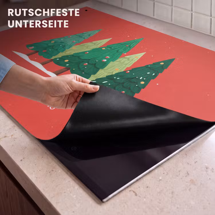 2-in-1 Herdabdeckplatte & Spritzschutz - Minimalistisch - Weihnachtsbäume - Rot - Schnee - Minimalistisch - Kerstbomen - Rood - Sneeuw Inductie beschemer met haakjes klein