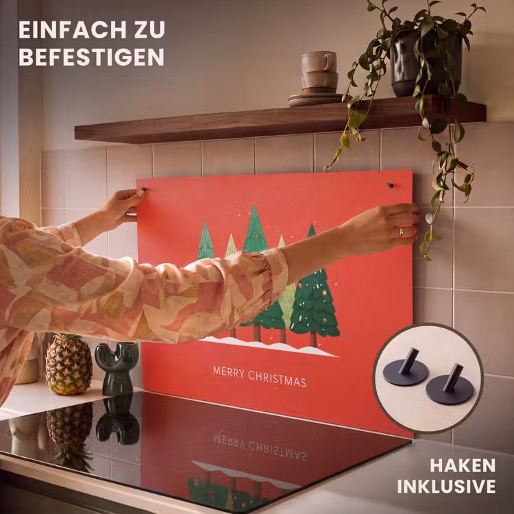 2-in-1 Herdabdeckplatte & Spritzschutz - Minimalistisch - Weihnachtsbäume - Rot - Schnee - Minimalistisch - Kerstbomen - Rood - Sneeuw Inductie beschemer met haakjes klein