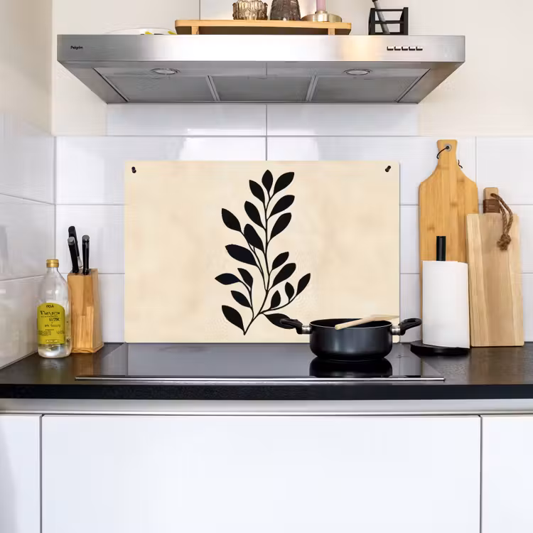 2-in-1 Herdabdeckplatte & Spritzschutz - Minimalistisch - Zweig - Blätter - Schwarz - Minimalistisch - Tak - Bladeren - Zwart Inductie beschemer met haakjes klein