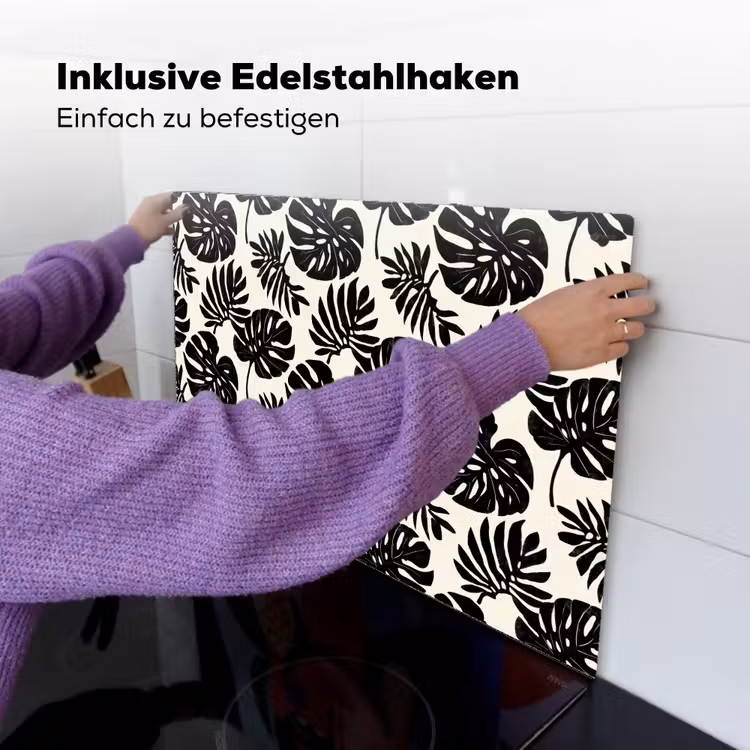 Modern - Monstera - Zwart Inductie beschemer met haakjes klein 777 -ky-ophangen-de