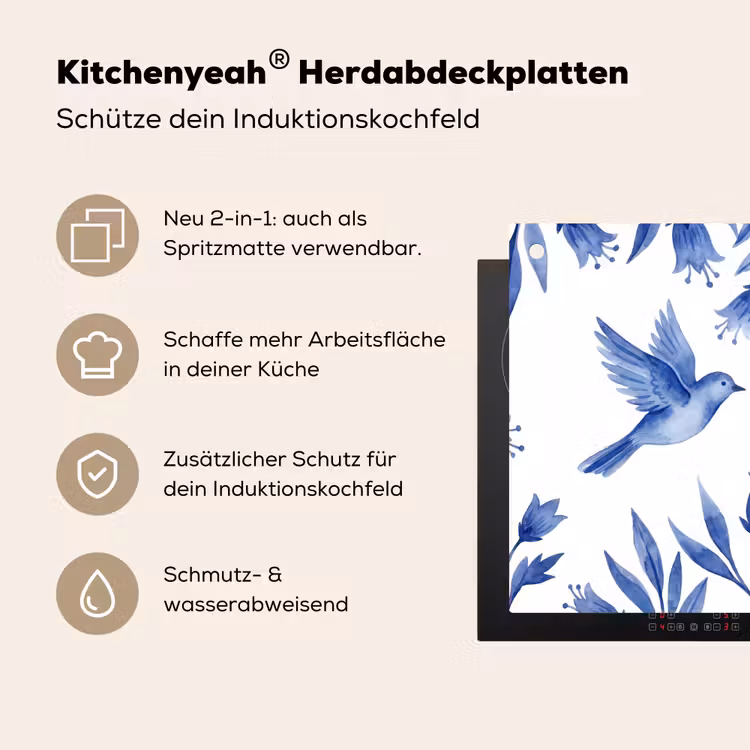 Modern - Vogels - Delfts - Blauw Inductie beschemer met haakjes klein -ky-usp-de