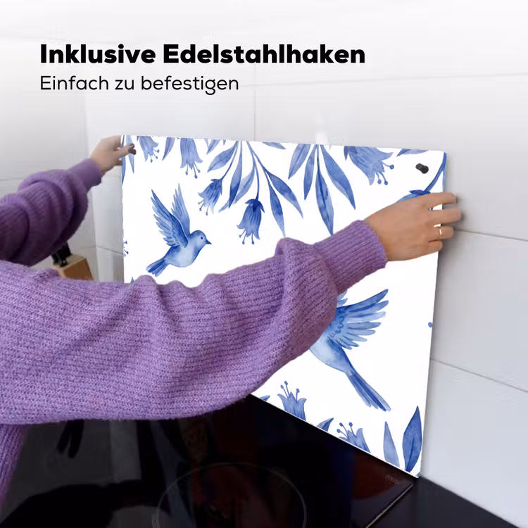 Modern - Vogels - Delfts - Blauw Inductie beschemer met haakjes klein -ky-ophangen-de