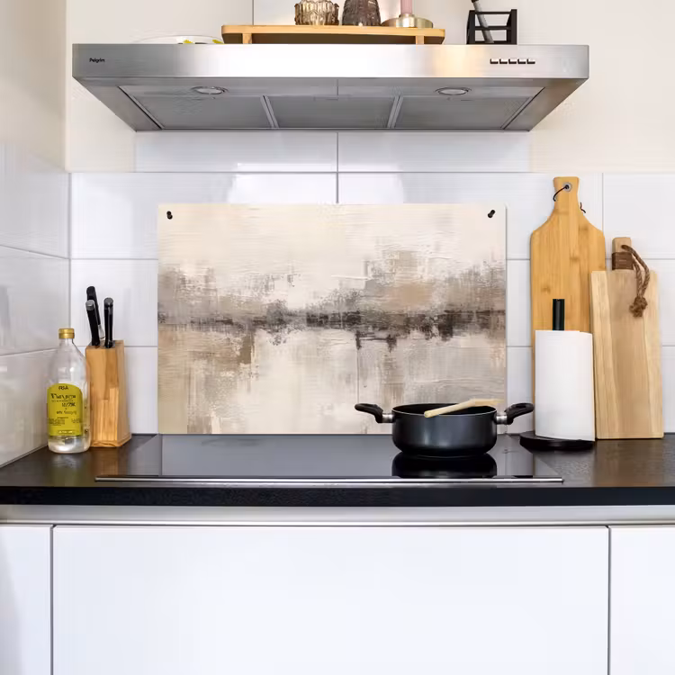 2-in-1 Herdabdeckplatte & Spritzschutz - Moderne Kunst - Abstrakt - Beige - Moderne kunst - Abstract - Beige Inductie beschemer met haakjes klein