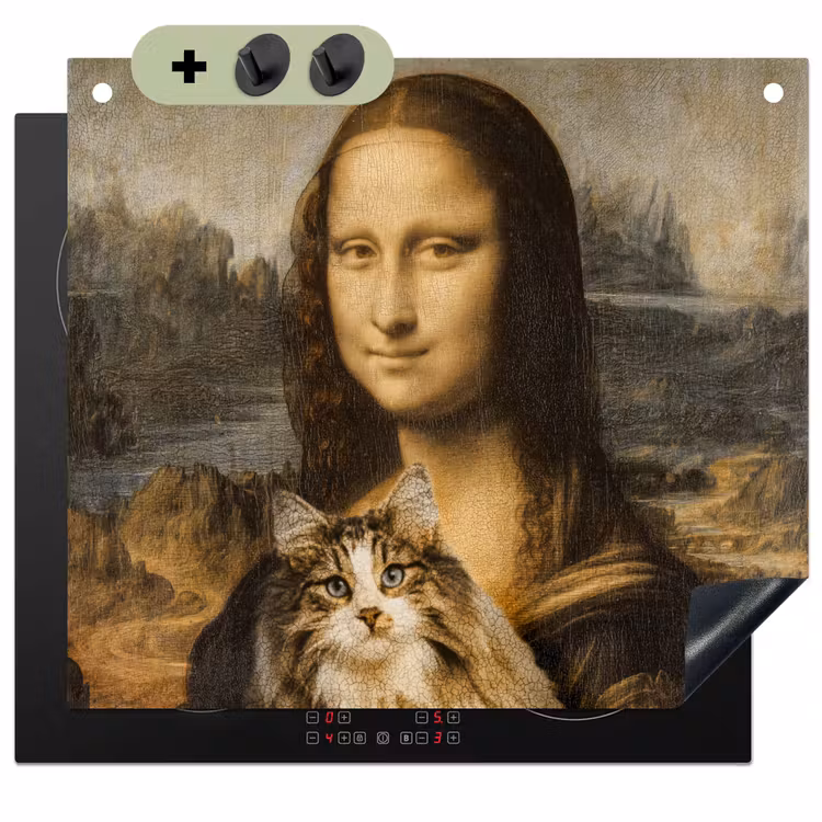 2-in-1 Herdabdeckplatte & Spritzschutz - Mona Lisa - Katze - Leonardo da Vinci - Vintage - Kunstwerk - Alte Meister - Gemälde - Mona Lisa - Kat - Leonardo da Vinci - Vintage - Kunstwerk - Oude meesters - Schilderij Inductie beschemer met haakjes middel