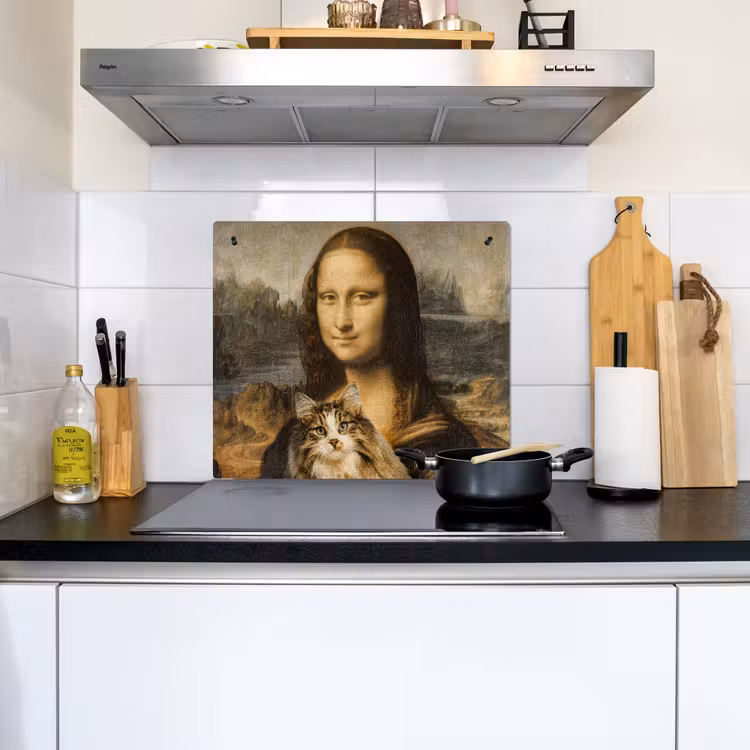 2-in-1 Herdabdeckplatte & Spritzschutz - Mona Lisa - Katze - Leonardo da Vinci - Vintage - Kunstwerk - Alte Meister - Gemälde - Mona Lisa - Kat - Leonardo da Vinci - Vintage - Kunstwerk - Oude meesters - Schilderij Inductie beschemer met haakjes middel