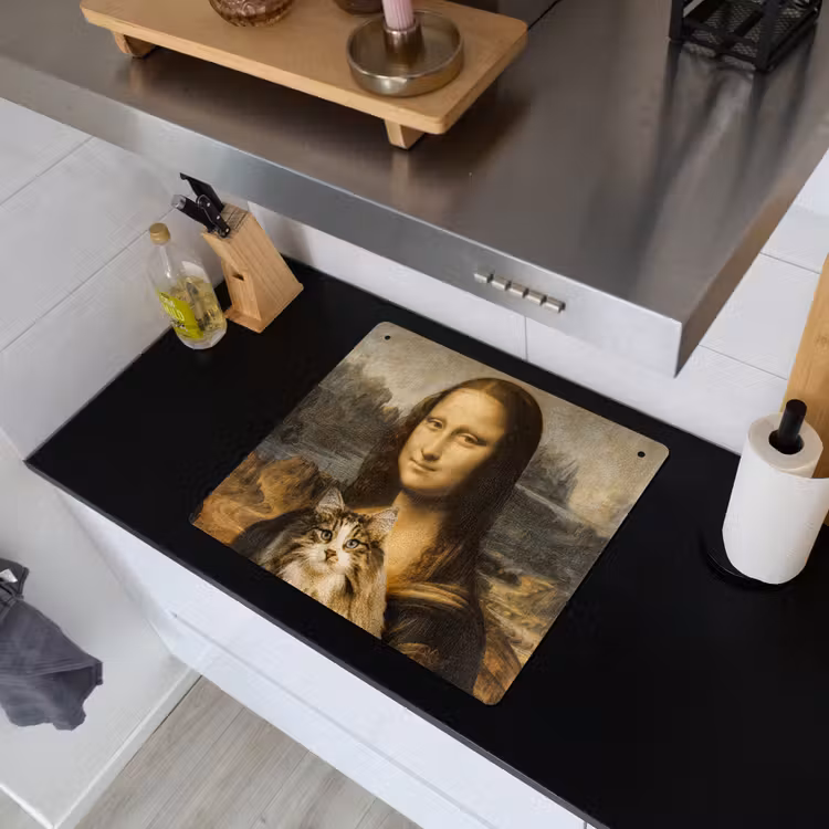 2-in-1 Herdabdeckplatte & Spritzschutz - Mona Lisa - Katze - Leonardo da Vinci - Vintage - Kunstwerk - Alte Meister - Gemälde - Mona Lisa - Kat - Leonardo da Vinci - Vintage - Kunstwerk - Oude meesters - Schilderij Inductie beschemer met haakjes middel