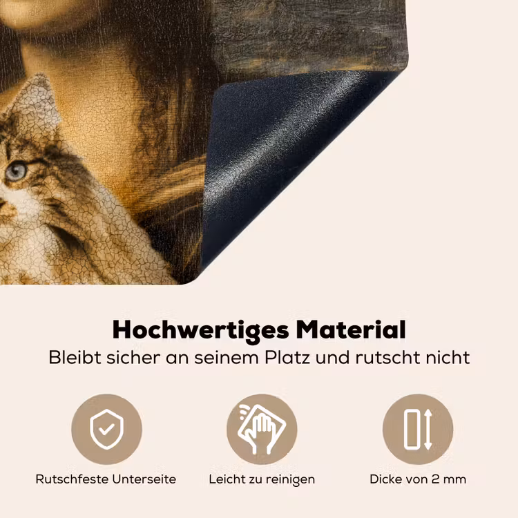 2-in-1 Herdabdeckplatte & Spritzschutz - Mona Lisa - Katze - Leonardo da Vinci - Vintage - Kunstwerk - Alte Meister - Gemälde - Mona Lisa - Kat - Leonardo da Vinci - Vintage - Kunstwerk - Oude meesters - Schilderij Inductie beschemer met haakjes middel