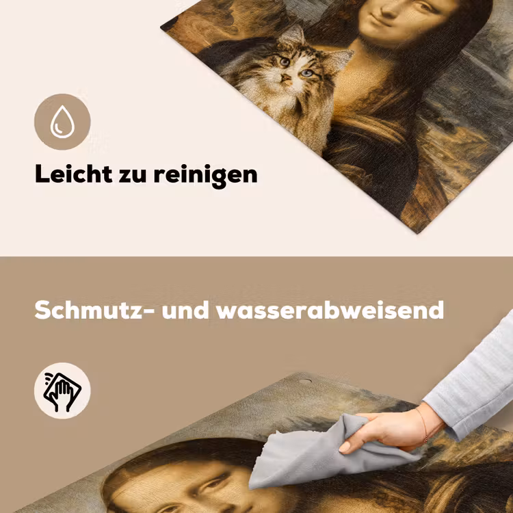 2-in-1 Herdabdeckplatte & Spritzschutz - Mona Lisa - Katze - Leonardo da Vinci - Vintage - Kunstwerk - Alte Meister - Gemälde - Mona Lisa - Kat - Leonardo da Vinci - Vintage - Kunstwerk - Oude meesters - Schilderij Inductie beschemer met haakjes middel