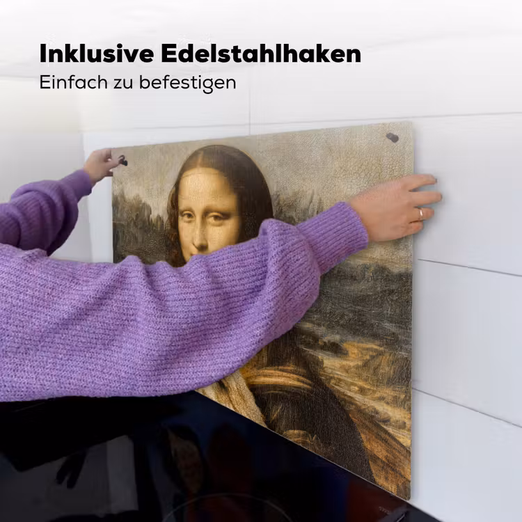 2-in-1 Herdabdeckplatte & Spritzschutz - Mona Lisa - Katze - Leonardo da Vinci - Vintage - Kunstwerk - Alte Meister - Gemälde - Mona Lisa - Kat - Leonardo da Vinci - Vintage - Kunstwerk - Oude meesters - Schilderij Inductie beschemer met haakjes middel