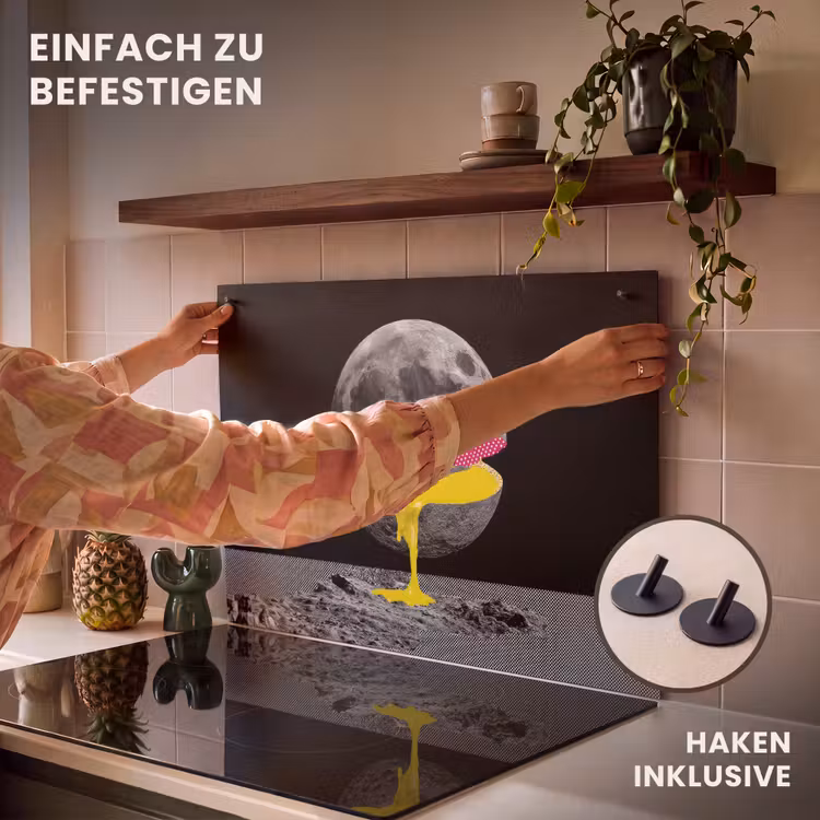2-in-1 Herdabdeckplatte & Spritzschutz - Mond - Gelb - Rosa - Schwarz - Maan - Geel - Roze - Zwart Inductie beschemer met haakjes klein