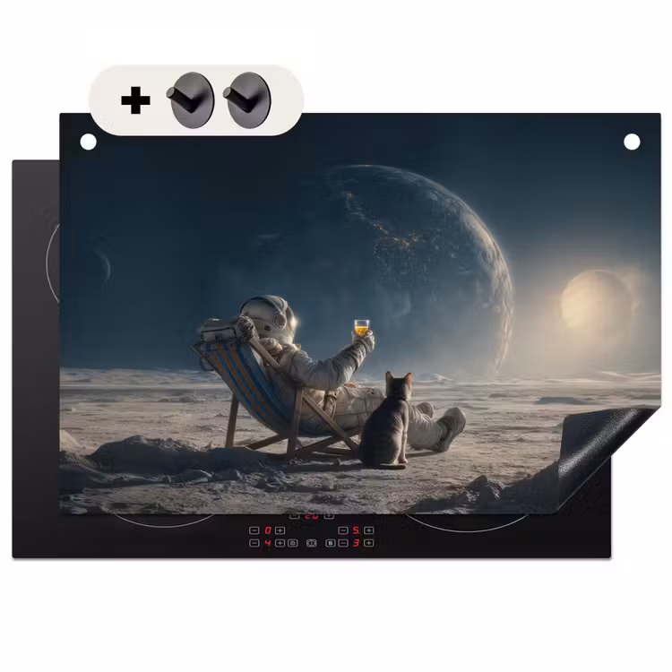 2-in-1 Herdabdeckplatte & Spritzschutz - Mond - Katze - Astronaut - Weltraum - Maan - Kat - Astronaut - Ruimte Inductie beschemer met haakjes klein