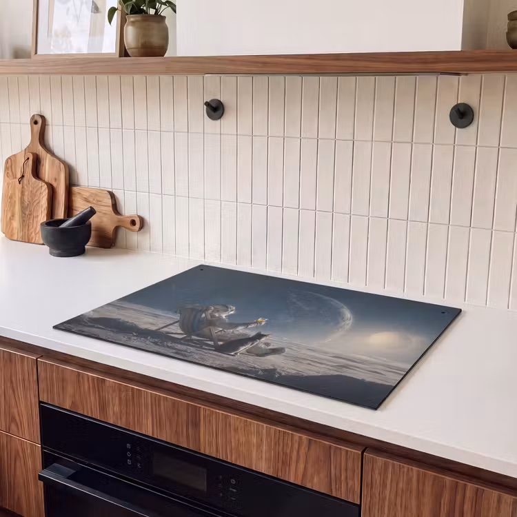 2-in-1 Herdabdeckplatte & Spritzschutz - Mond - Katze - Astronaut - Weltraum - Maan - Kat - Astronaut - Ruimte Inductie beschemer met haakjes klein