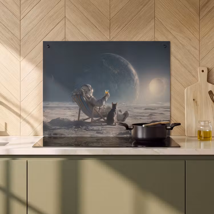 2-in-1 Herdabdeckplatte & Spritzschutz - Mond - Katze - Astronaut - Weltraum - Maan - Kat - Astronaut - Ruimte Inductie beschemer met haakjes klein