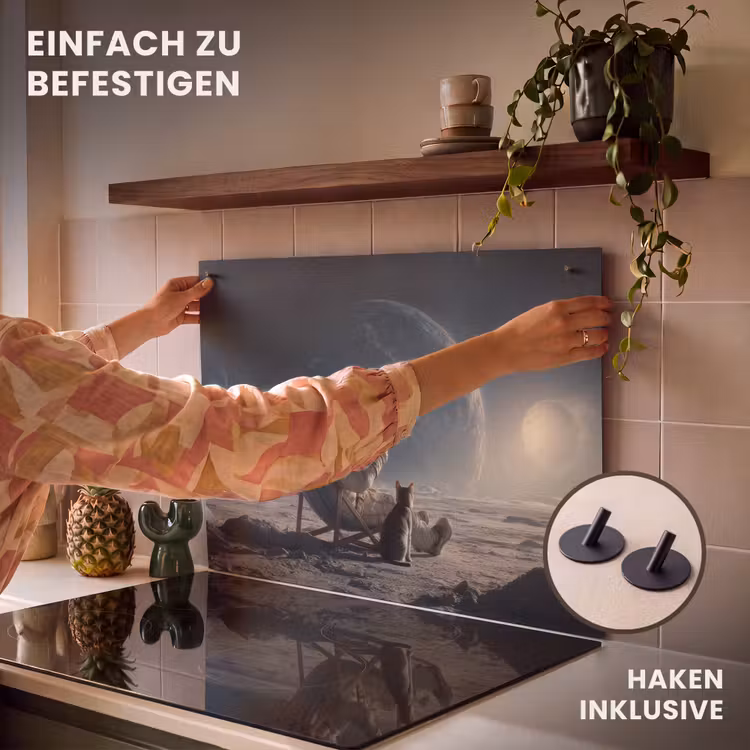 2-in-1 Herdabdeckplatte & Spritzschutz - Mond - Katze - Astronaut - Weltraum - Maan - Kat - Astronaut - Ruimte Inductie beschemer met haakjes klein