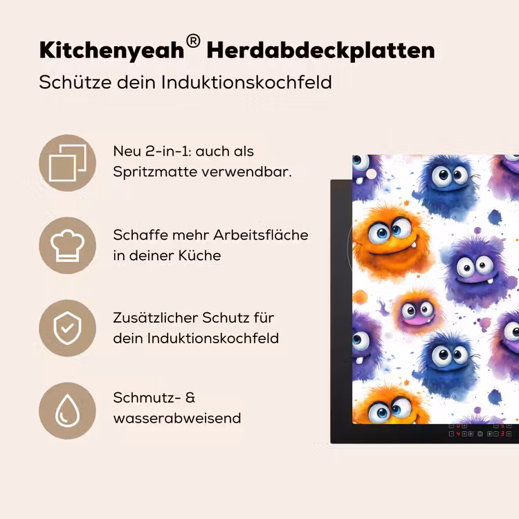 Monstertjes - Aquarel - Kleurrijk Inductie beschemer met haakjes klein 777 -ky-usp-de