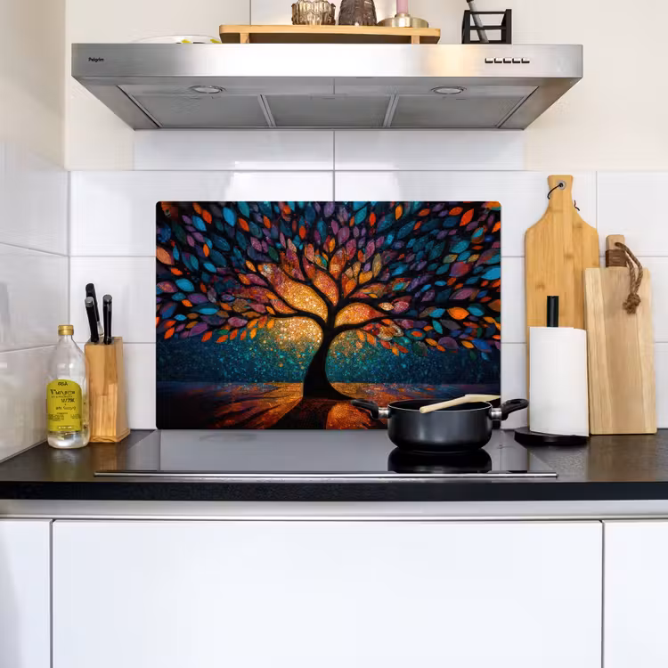 2-in-1 Herdabdeckplatte & Spritzschutz - Mosaik - Bunt - Baum - Äste - Mozaïek - Kleurrijk - Boom - Takken Inductie beschemer met haakjes klein