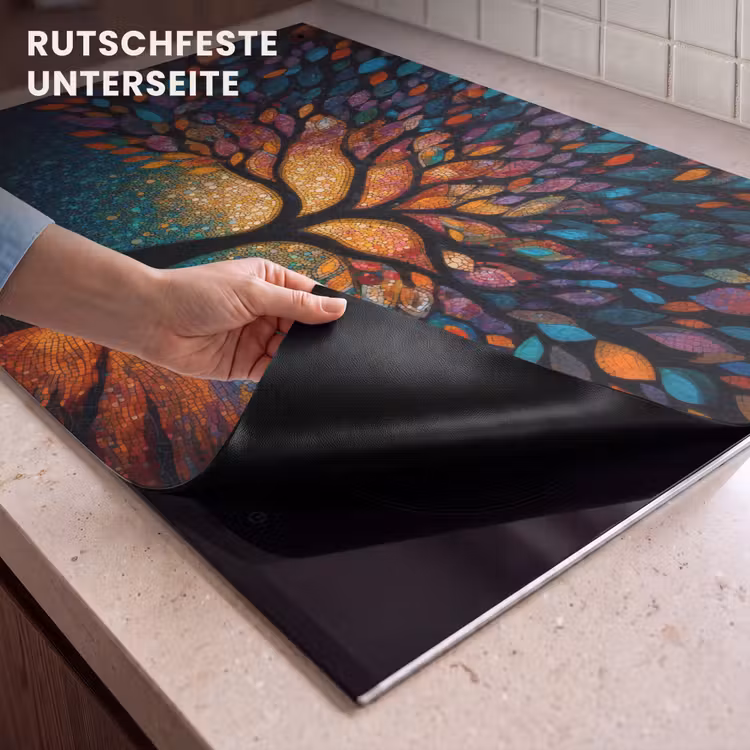 2-in-1 Herdabdeckplatte & Spritzschutz - Mosaik - Bunt - Baum - Äste - Mozaïek - Kleurrijk - Boom - Takken Inductie beschemer met haakjes klein