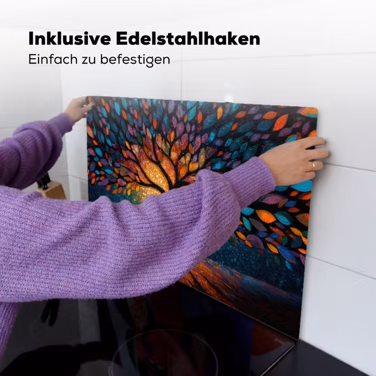 2-in-1 Herdabdeckplatte & Spritzschutz - Mosaik - Bunt - Baum - Äste - Mozaïek - Kleurrijk - Boom - Takken Inductie beschemer met haakjes klein