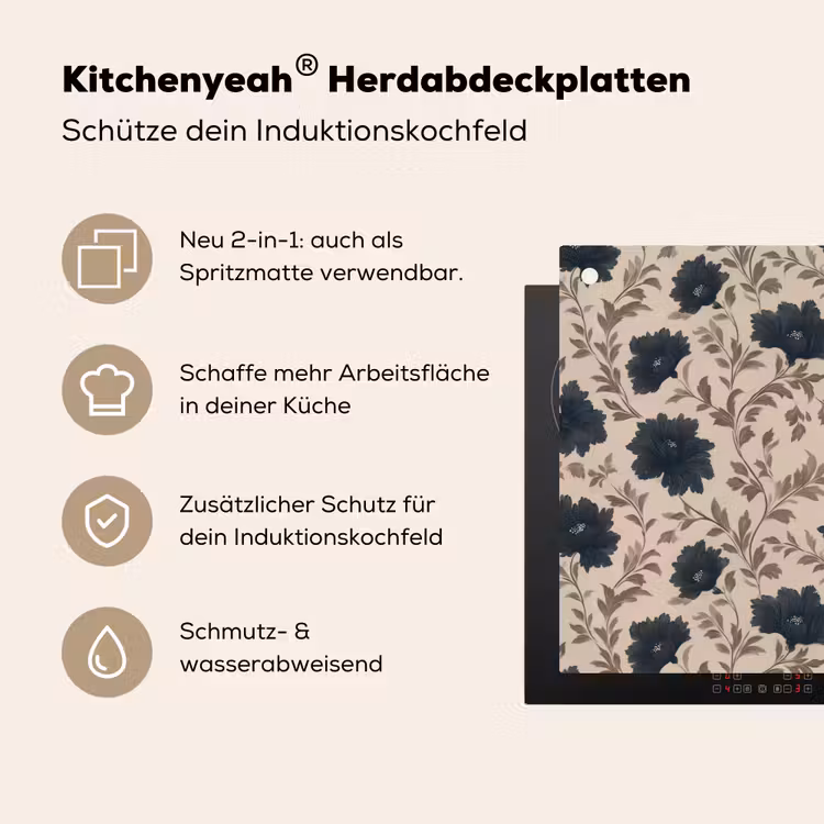 Motief - Bloemen - Zwart - Beige Inductie beschemer met haakjes klein 777 -ky-usp-de