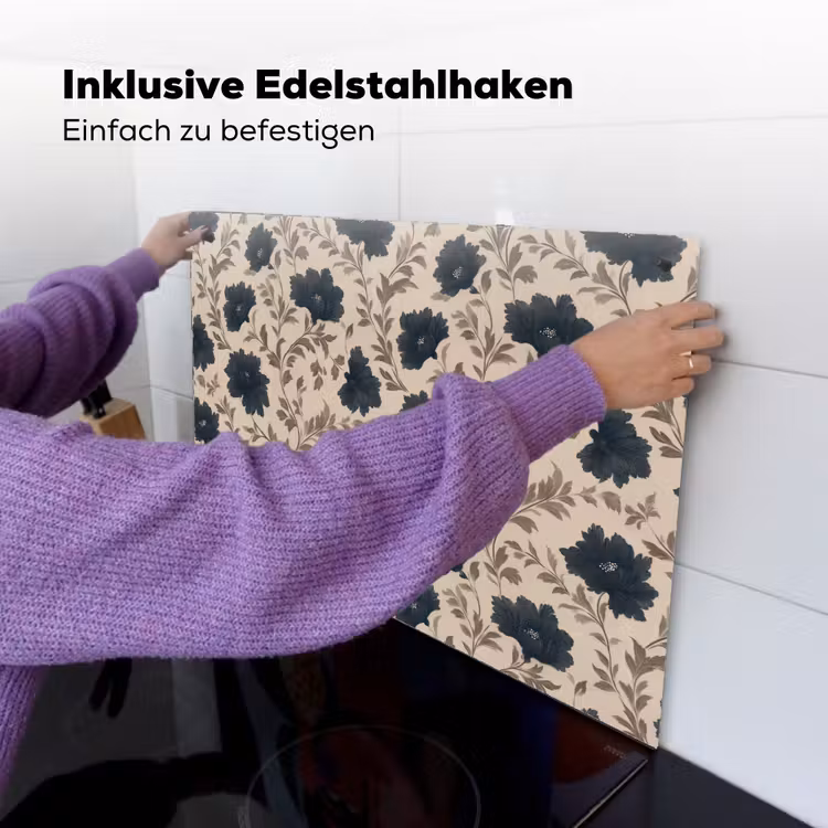Motief - Bloemen - Zwart - Beige Inductie beschemer met haakjes klein 777 -ky-ophangen-de