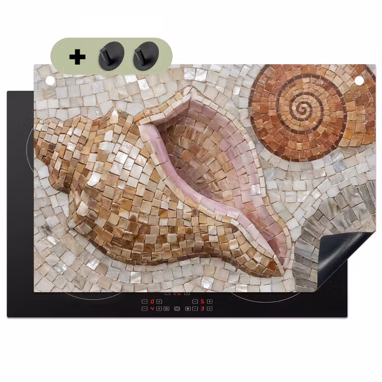 Schelp - Mozaïek - Zee - Beige - Modern Inductie beschemer met haakjes klein -3d