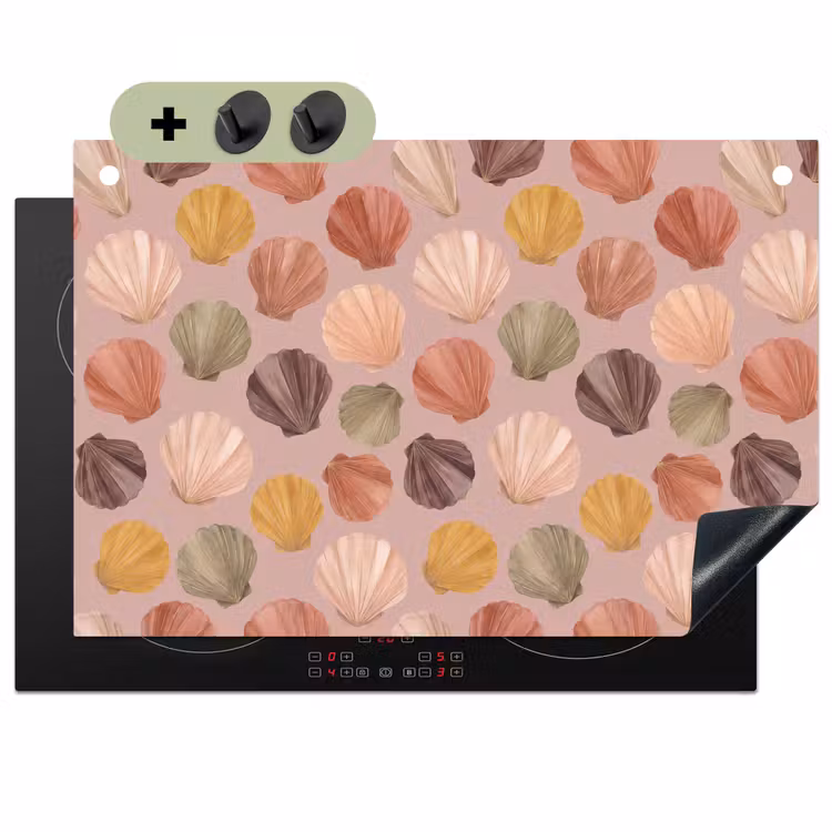Schelp - Patroon - Zee - Aquarel - Aardetinten Inductie beschemer met haakjes klein -3d
