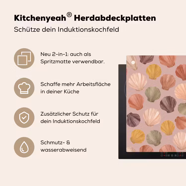 Schelp - Patroon - Zee - Aquarel - Aardetinten Inductie beschemer met haakjes klein -ky-usp-de