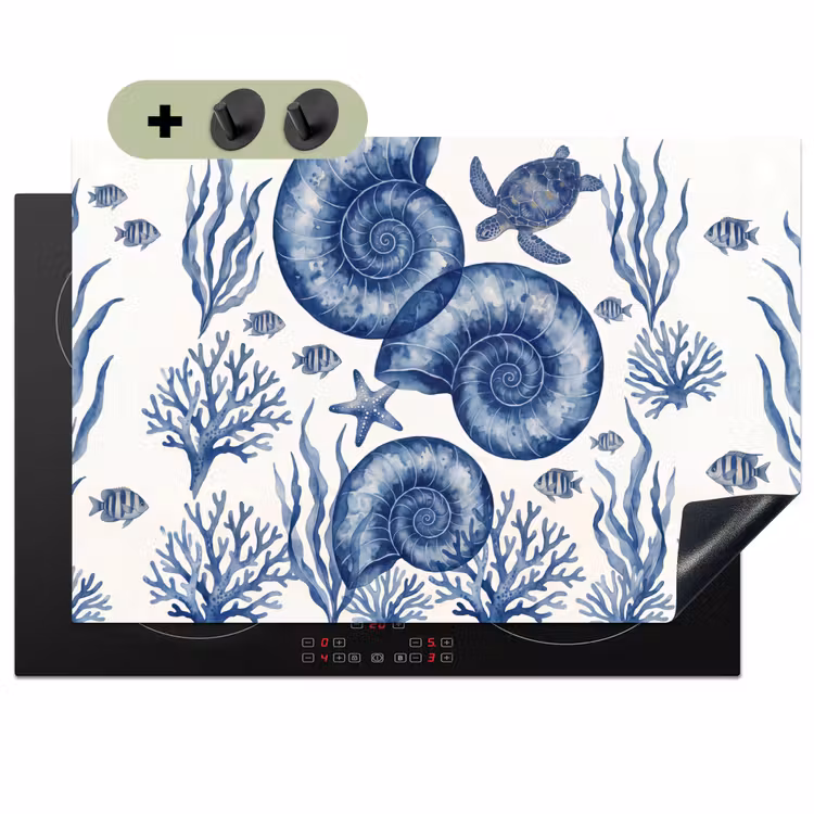 Schelp - Spiraal - Zeeleven - Aquarel - Blauw Inductie beschemer met haakjes klein -3d