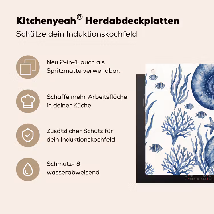 Schelp - Spiraal - Zeeleven - Aquarel - Blauw Inductie beschemer met haakjes klein -ky-usp-de
