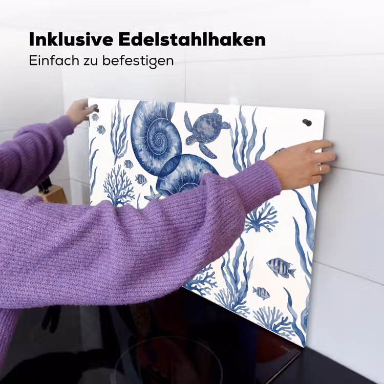 Schelp - Spiraal - Zeeleven - Aquarel - Blauw Inductie beschemer met haakjes klein -ky-ophangen-de