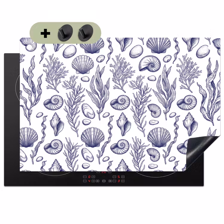 Schelpen - Zeewier - Oceaan - Illustratie - Blauw Inductie beschemer met haakjes klein -3d