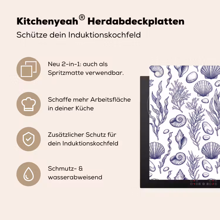 Schelpen - Zeewier - Oceaan - Illustratie - Blauw Inductie beschemer met haakjes klein -ky-usp-de
