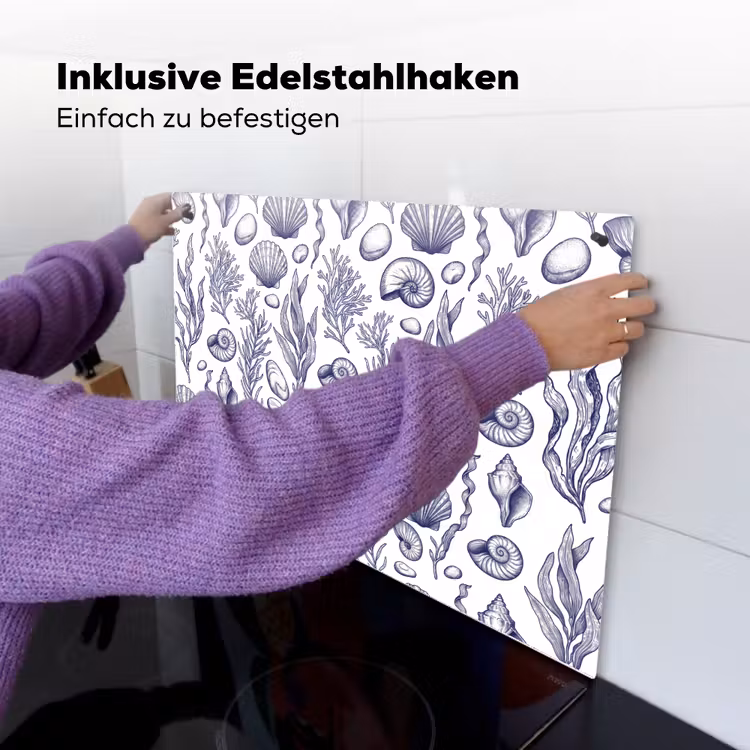 Schelpen - Zeewier - Oceaan - Illustratie - Blauw Inductie beschemer met haakjes klein -ky-ophangen-de