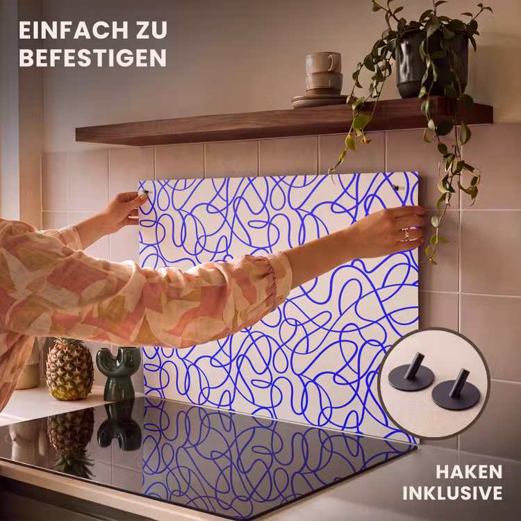 2-in-1 Herdabdeckplatte & Spritzschutz - Muster - Beige - Blau - Linien - Patronen - Beige - Blauw - Lijnen Inductie beschemer met haakjes klein 777