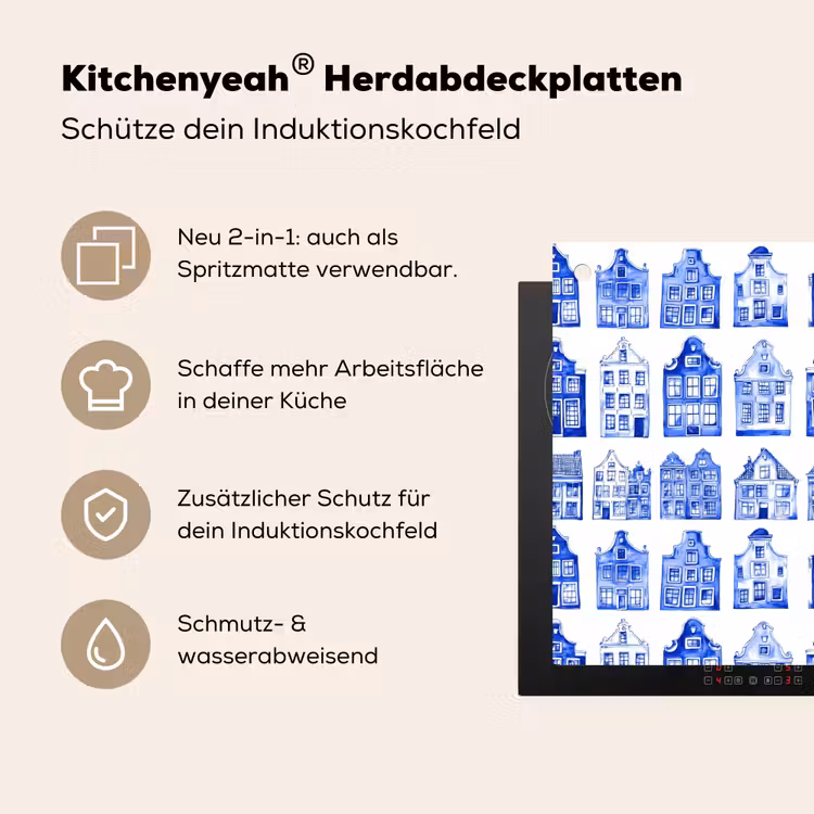 Patroon - Huizen - Blauw Inductie beschemer met haakjes klein 777 -ky-usp-de