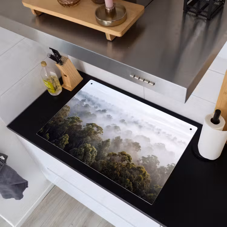 Natuur - Mist - Bos - Ochtend - Goud Inductie beschemer met haakjes klein -sfeer1