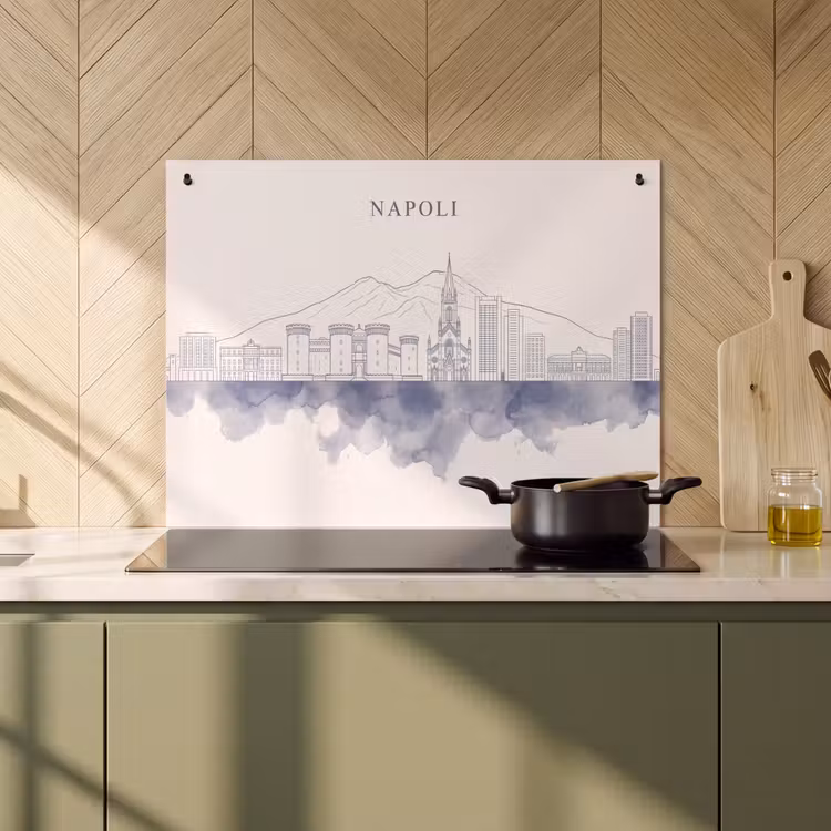 Napels - Skyline - Italie - Lijntekening - Aquarel Inductie beschemer met haakjes klein -sfeer2