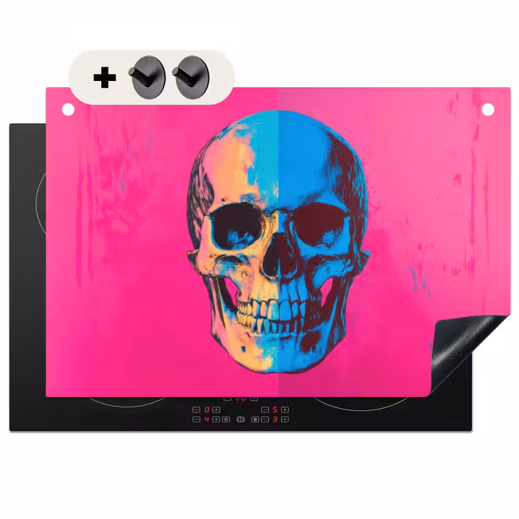 2-in-1 Herdabdeckplatte & Spritzschutz - Neon - Blau - Pop-art - Totenkopf - Neon - Blauw - Pop-art - Schedel Inductie beschemer met haakjes klein