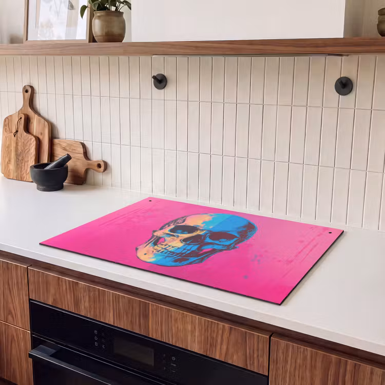 2-in-1 Herdabdeckplatte & Spritzschutz - Neon - Blau - Pop-art - Totenkopf - Neon - Blauw - Pop-art - Schedel Inductie beschemer met haakjes klein