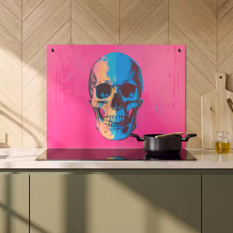 2-in-1 Herdabdeckplatte & Spritzschutz - Neon - Blau - Pop-art - Totenkopf - Neon - Blauw - Pop-art - Schedel Inductie beschemer met haakjes klein