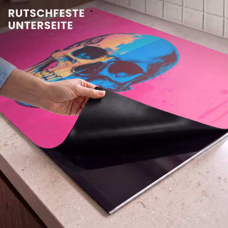 2-in-1 Herdabdeckplatte & Spritzschutz - Neon - Blau - Pop-art - Totenkopf - Neon - Blauw - Pop-art - Schedel Inductie beschemer met haakjes klein