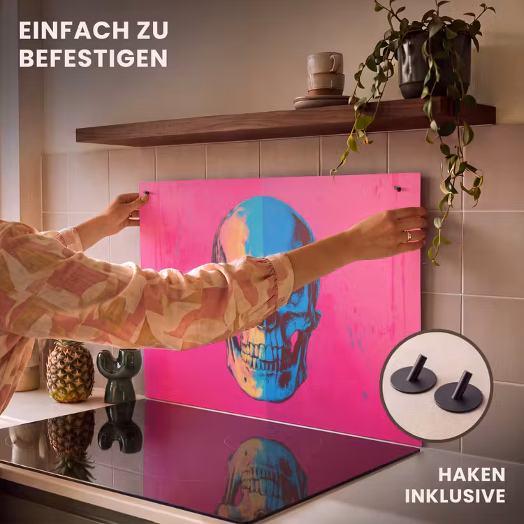 2-in-1 Herdabdeckplatte & Spritzschutz - Neon - Blau - Pop-art - Totenkopf - Neon - Blauw - Pop-art - Schedel Inductie beschemer met haakjes klein