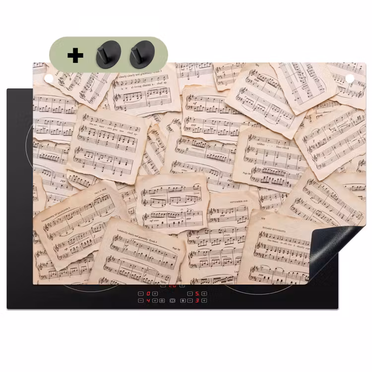 Bladmuziek - Oud - Noten - Vintage - Beige Inductie beschemer met haakjes klein -3d
