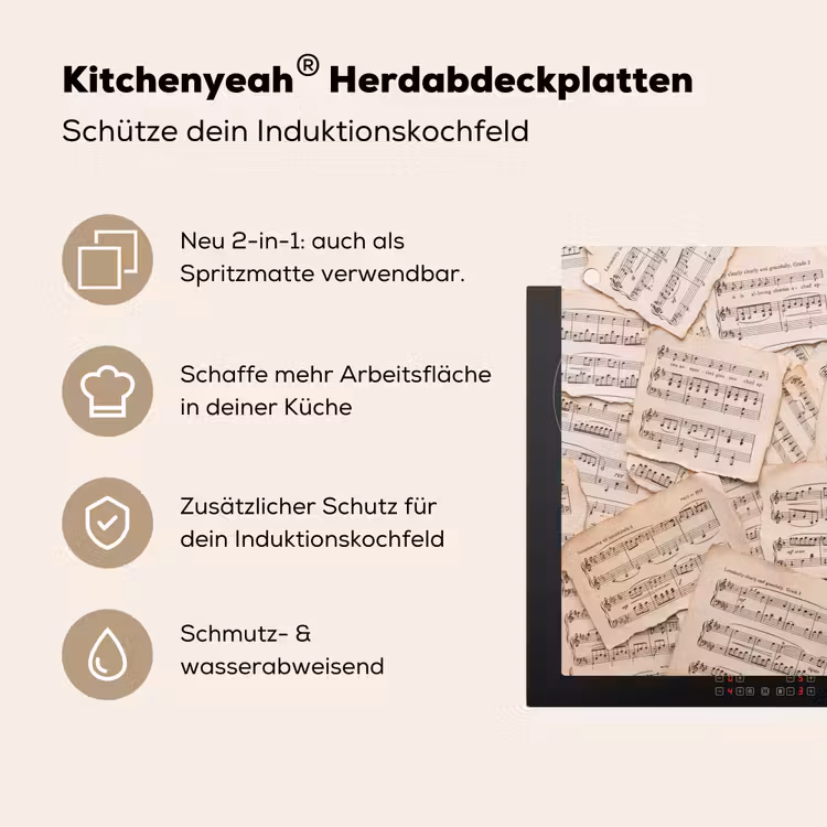 Bladmuziek - Oud - Noten - Vintage - Beige Inductie beschemer met haakjes klein -ky-usp-de