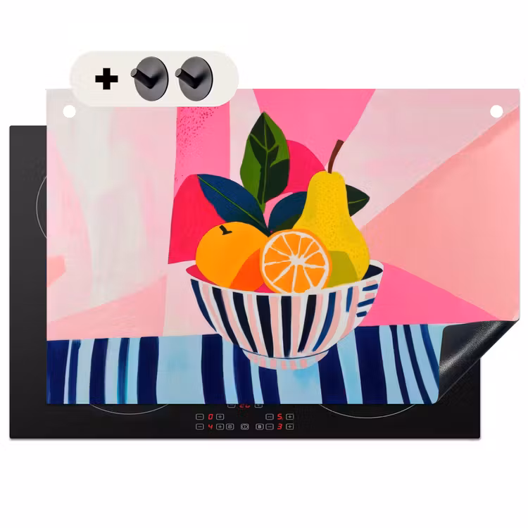2-in-1 Herdabdeckplatte & Spritzschutz - Obst - Abstrakter Hintergrund - Rosa - Fruit - Abstracte achtergrond - Roze Inductie beschemer met haakjes klein